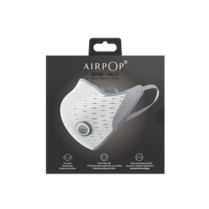 The AirPop Active(+) Smart Mask in white packaging.
