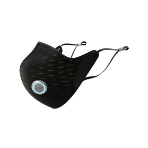 A black and green AirPop Active(+) Smart Mask with a light on it.
