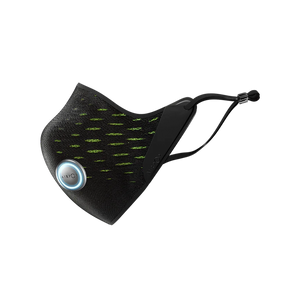 A close up of an AirPop Active(+) Smart Mask in black and green.