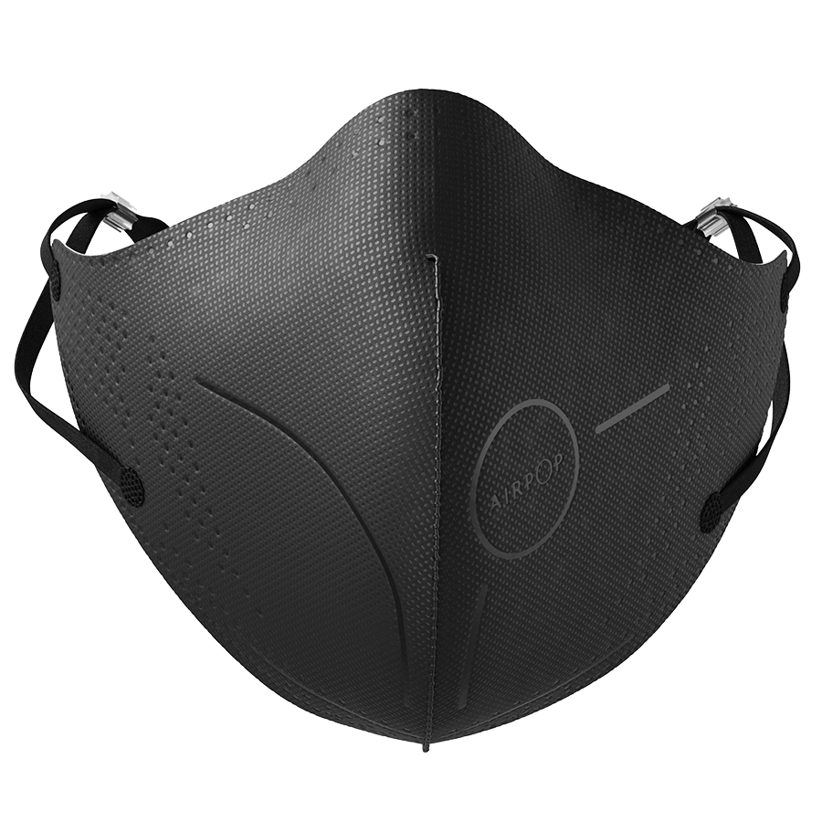 An AirPop Light SE face mask on a black background.