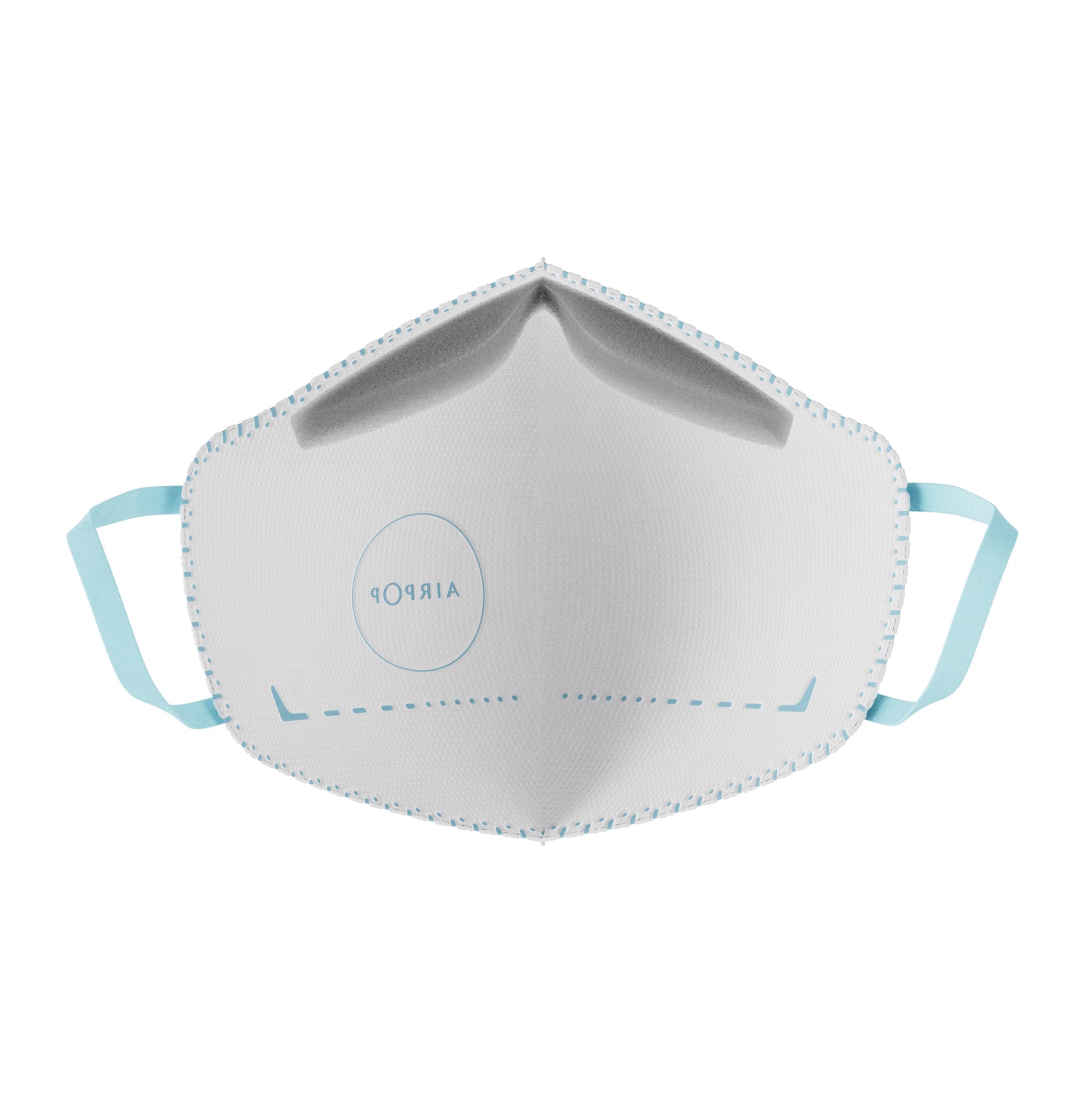 An AirPop Kids Mask with blue straps is a breathable and comfortable white face mask.