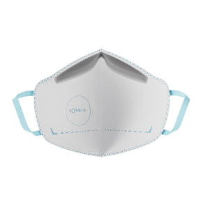 An AirPop Kids Mask with blue straps is a breathable and comfortable white face mask.