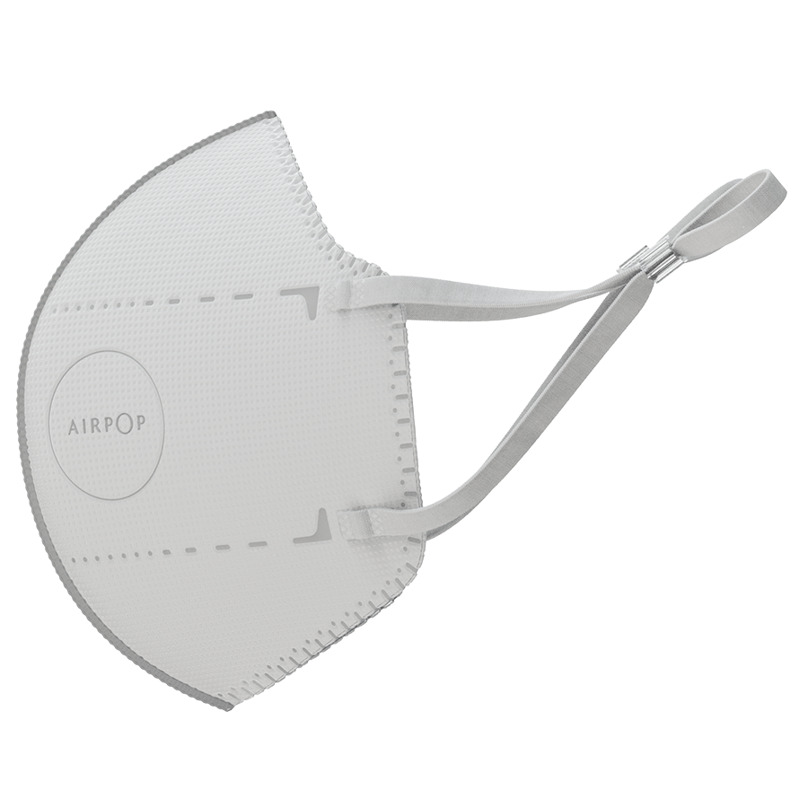 An AirPop Pocket Mask with a white strap.