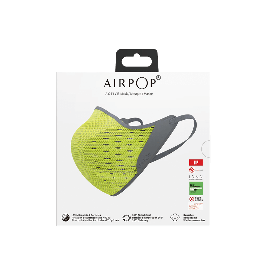 The AirPop Active Mask in neon yellow.