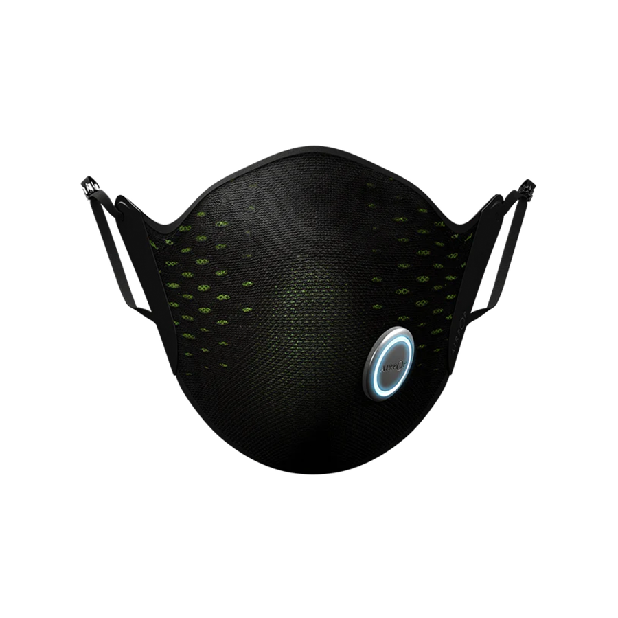 An AirPop Active(+) Smart Mask with a blue light on it.