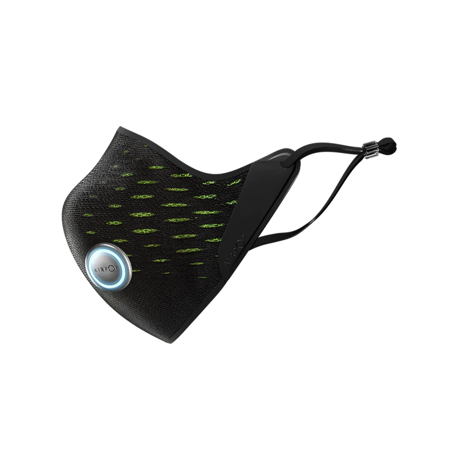 A close up of an AirPop Active(+) Smart Mask in black and green.