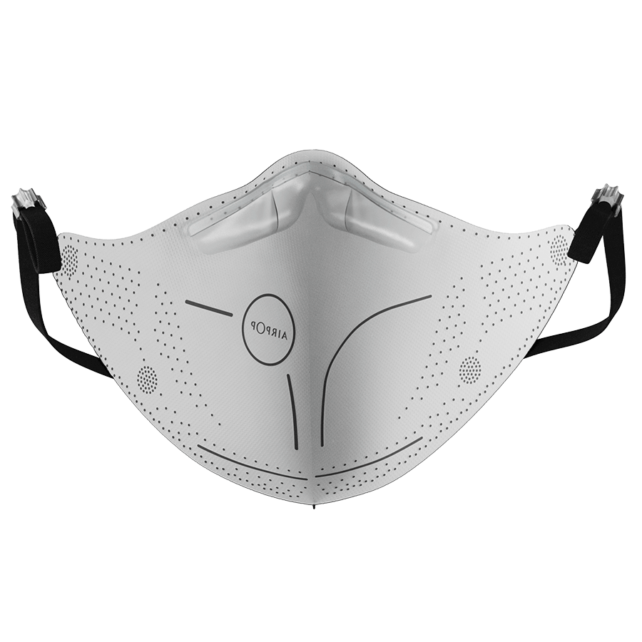 An AirPop Light SE face mask with black straps.